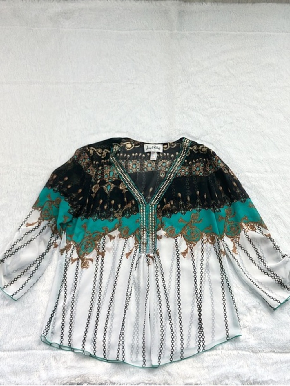 Joseph Ribkoff White, Black, and Teal Chain Pattern Sheer Blouse, Size 12